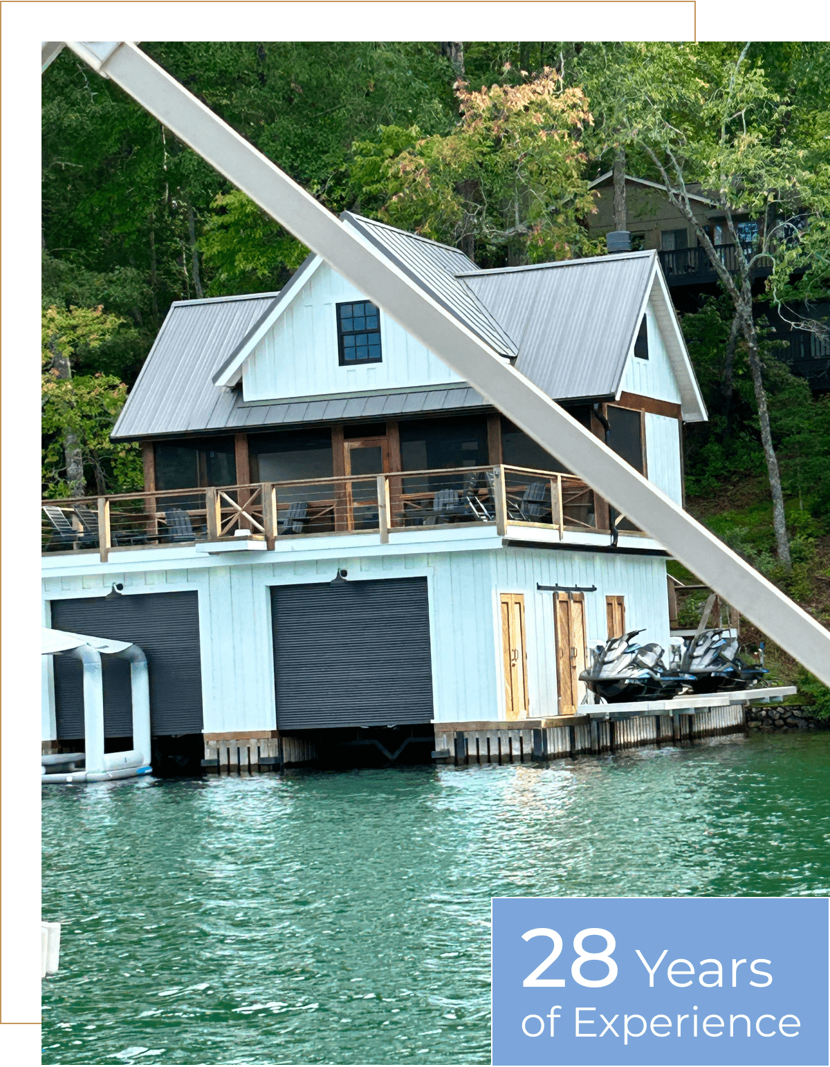 Lakeside house with boat dock, wooded background.